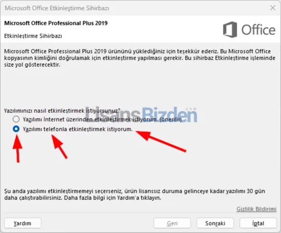 office 2019 telefonla etkinlestirme secin